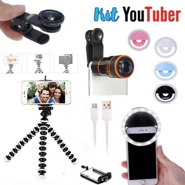 kit youtuber 22 mini tripe ring light lente zoom