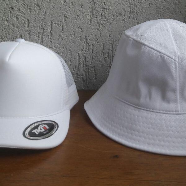 Double White Unissex Boné Trucker e Bucket hat