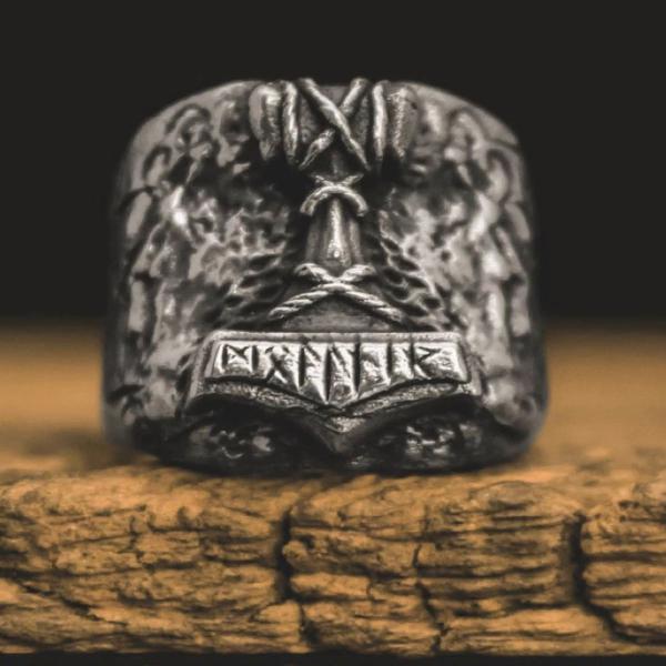 anel masculino em aço inoxidável Machado de Thor vintage