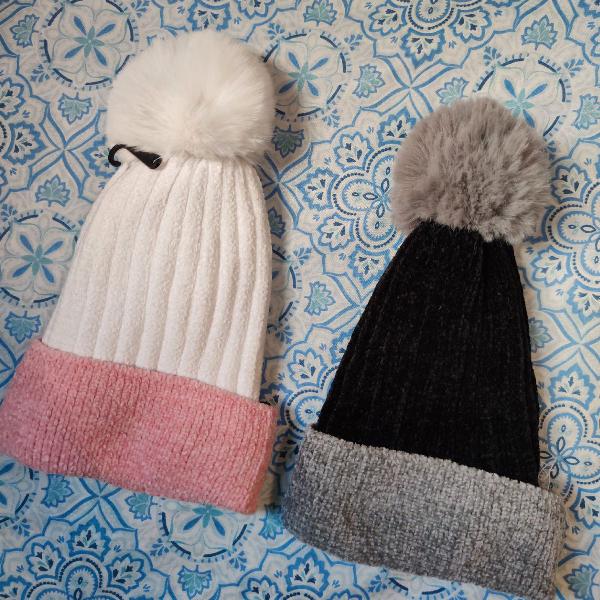 touca super forrada com pompom feminina branca ou preta
