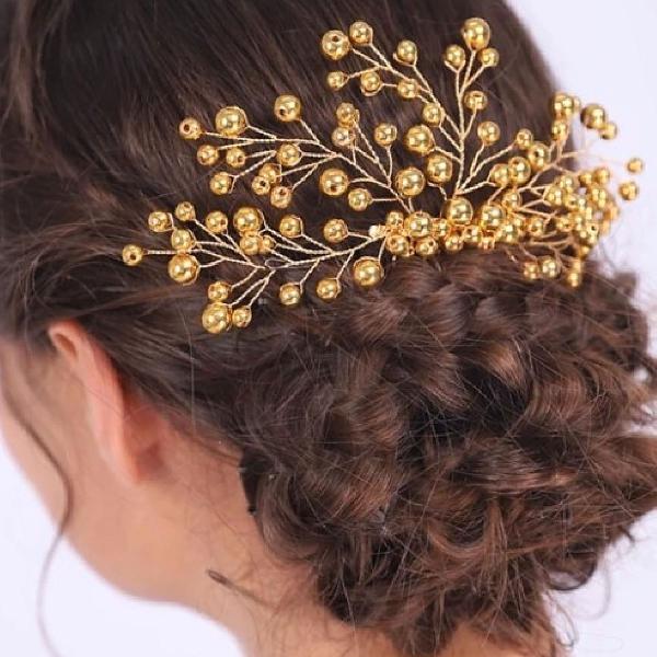 Enfeite de cabelo dourado para noivas e debutantes