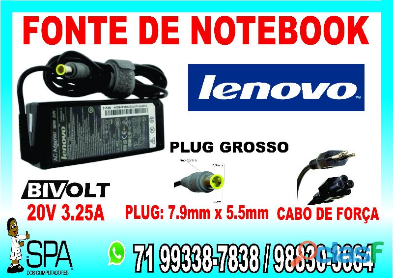 Carregador Lenovo 20V 3.25A 60w Plug Grosso em Salvador Ba