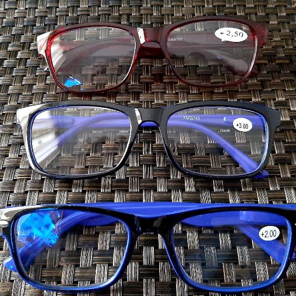 armação óculos para leitura preto com azul e a cor telha