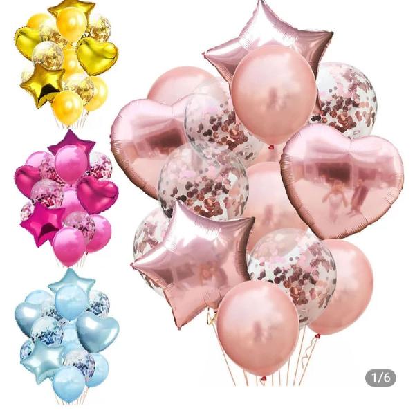 kit balões metalizado coração estrela confete