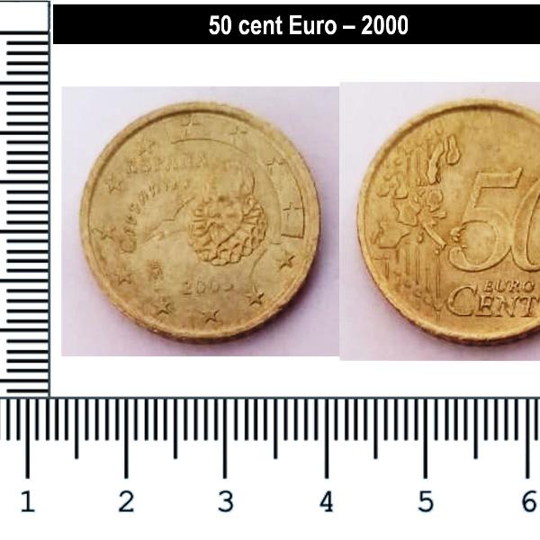 moeda, 50 cent, euro, Espanha, 2000