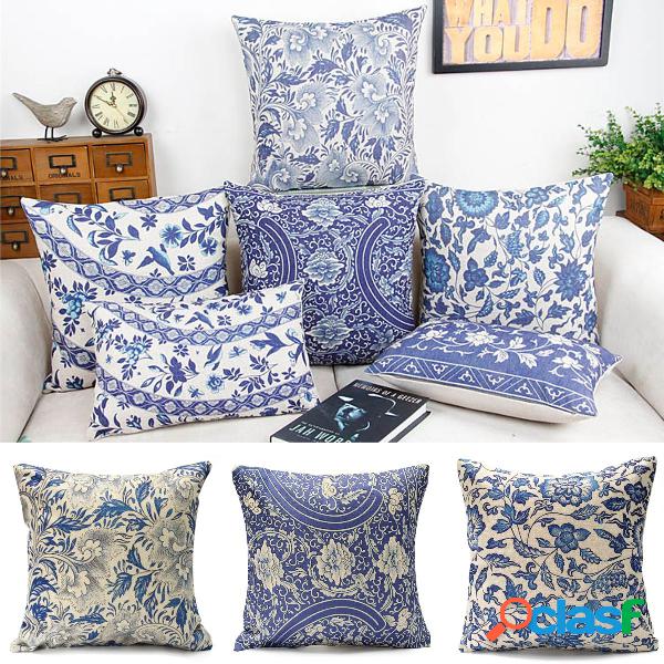 Capa de almofada oriental vintage azul floral algodão linho