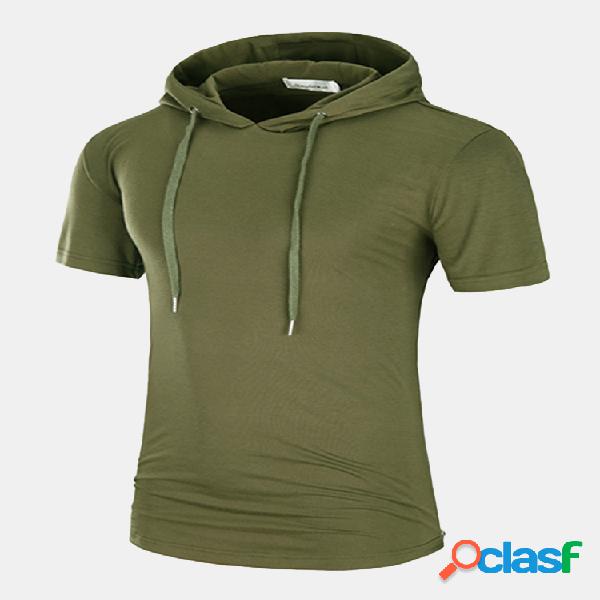 Mens Casual T-shirt com capuz Cordão Mid Long Regular Fit