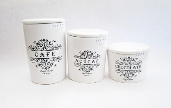 Potes de cerâmica mantimentos café açúcar chocolate