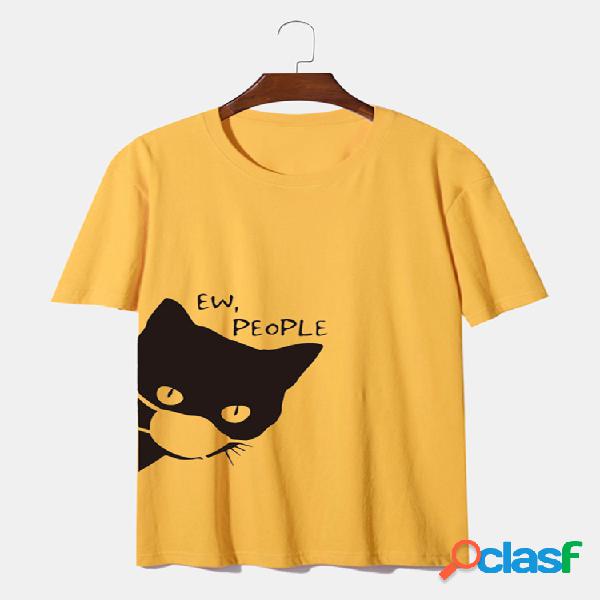 100% Algodão 7 Cores Engraçado Gato Impresso Camiseta