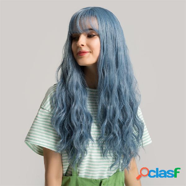 24 polegadas Blue Neat Bangs Peruca Sintético Cabelo com