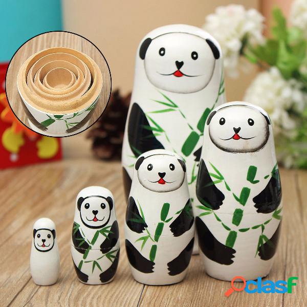 5 Pcs Panda Russa De Madeira Assentamento Boneca Matryoshka
