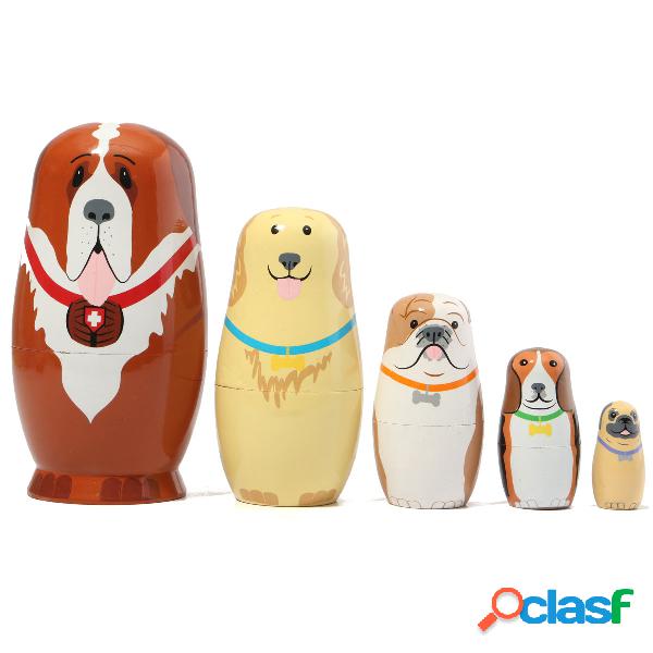 5 Pcs Russian Wooden Nesting Dolls Cães Matryoshka Dom