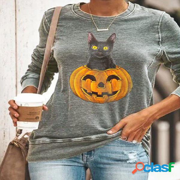 Abóbora Gato Estampa Manga Longa Plus Tamanho Blusa Casual