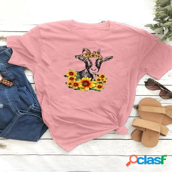 Animal Floral Impresso O-Neck T-shirt de manga curta