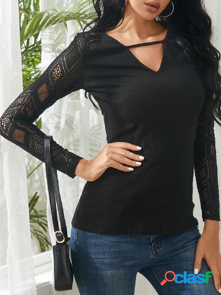 Black Lace Hollow Design Blusa de mangas compridas com