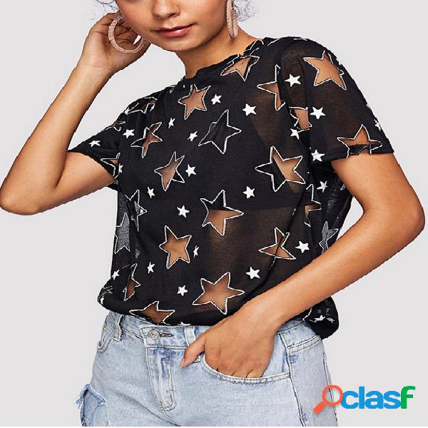 Black Mesh Star Hollow Design Camiseta de mangas curtas com