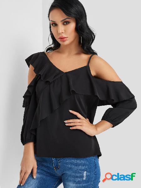 Black Tiered Design Cold Shoulder Fashion Blusa