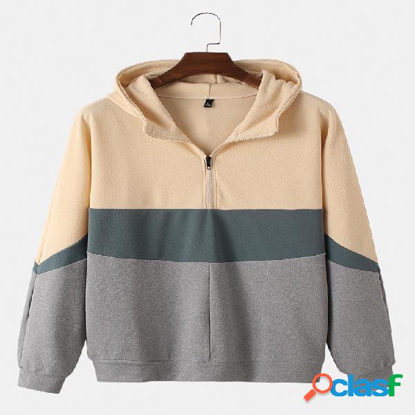 Bloqueio de cores de algodão masculino com meio zíper