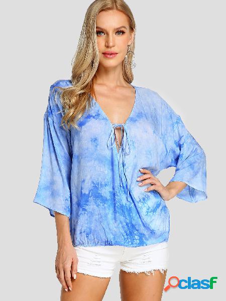Blusa Azul Tie-Dye Cruzada Frente Design Deep Decote