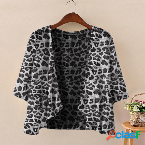 Blusa Cardigan Fina com Estampa de Leopardo 3/4