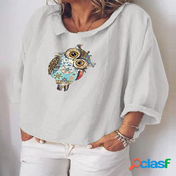 Blusa Cartoon Owl Print Gola Alta Plus Tamanho