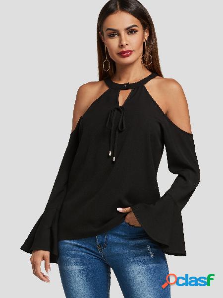 Blusa Fashion Black Cut Out Cold Shoulder Bell Sleeves