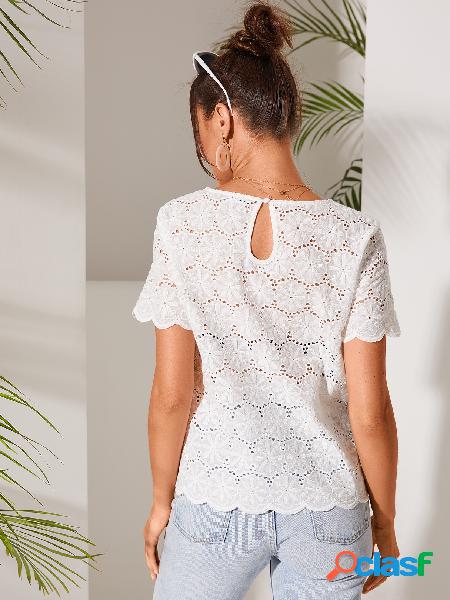 Blusa YOINS White Hollow Design Decote Redondo de Mangas