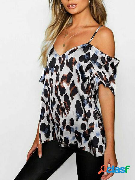 Blusa branca sem costas Design leopardo de mangas curtas de