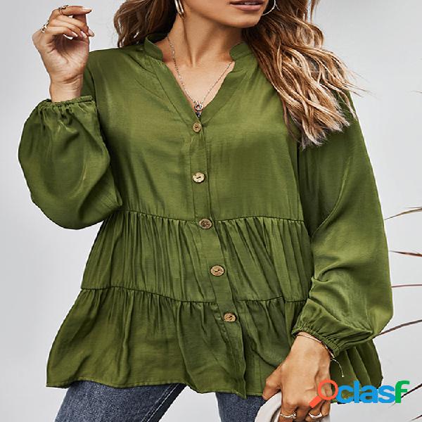 Blusa casual com decote em V de cor sólida plissada em