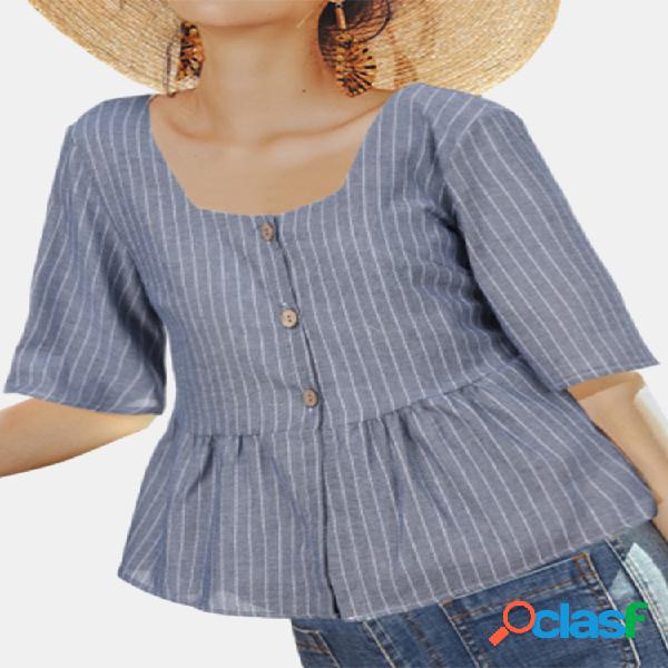 Blusa casual com estampa listrada de manga curta com gola