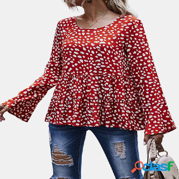 Blusa casual de manga comprida estampada com decote em O