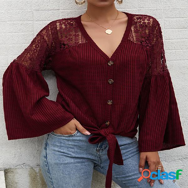 Blusa casual de manga comprida oca com decote em V para