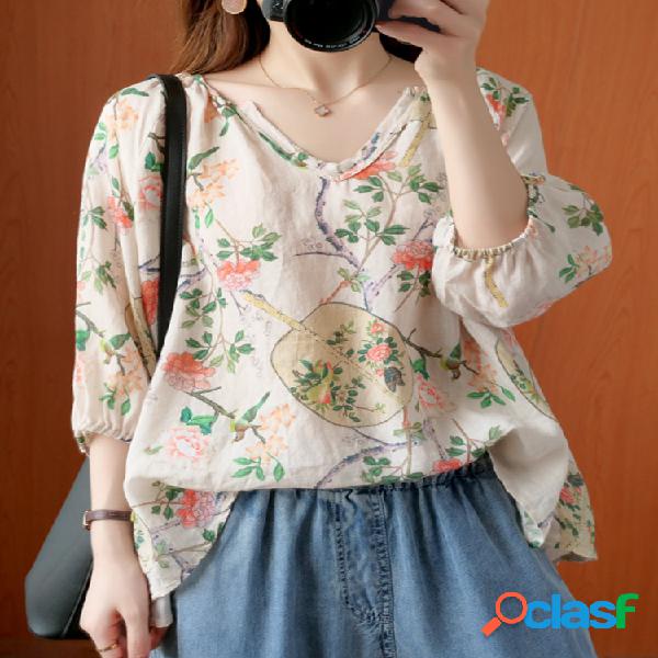 Blusa casual estampado floral com decote em V manga 3/4