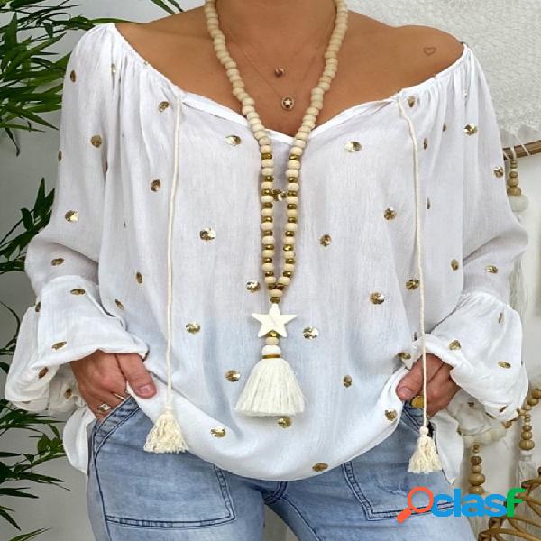 Blusa casual para mulheres com estampa de bolinhas de manga