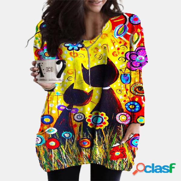 Blusa com estampa de gato cartoon tamanho Plus