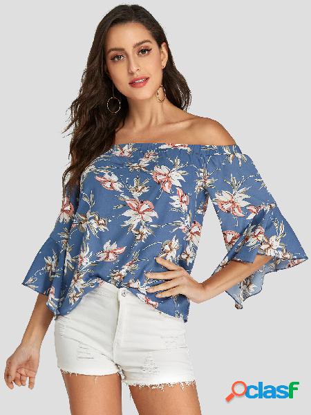 Blusa com estampa floral azul fora do ombro 3/4 Comprimento