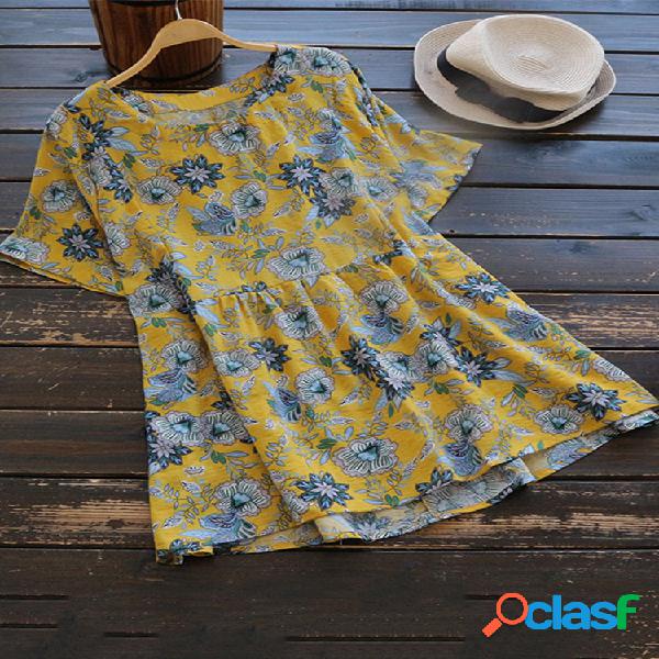 Blusa de algodão manga curta estampado floral Plus tamanho