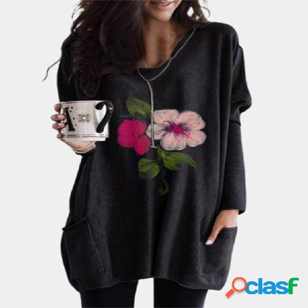 Blusa de bolso feminina com estampa flor de manga comprida