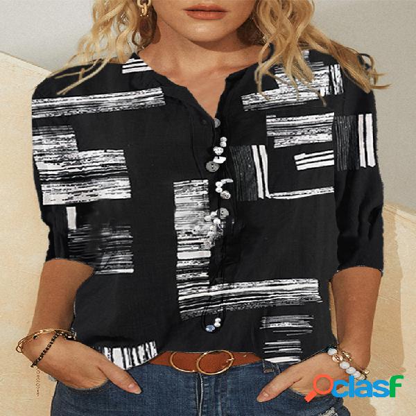 Blusa de botão de manga comprida com gola estampada vintage