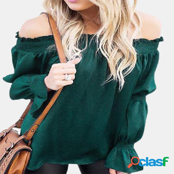 Blusa de cor sólida manga curta com decote redondo