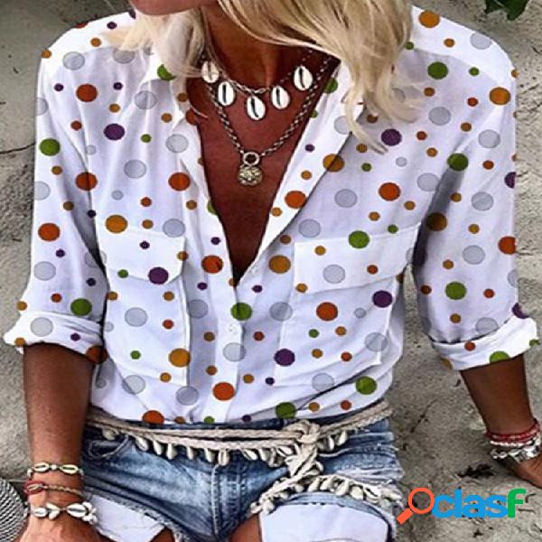 Blusa de lapela de manga comprida estampada com bolinhas