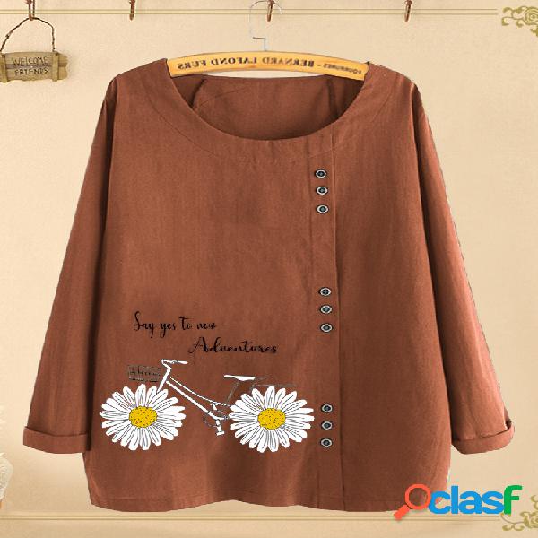 Blusa de manga comprida com decote em O com estampa floral