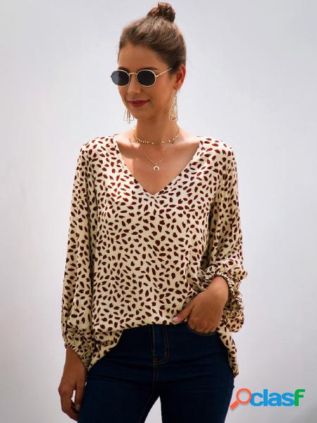 Blusa de manga comprida estampada com decote em V