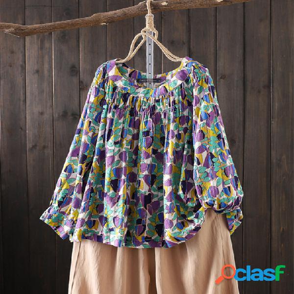 Blusa de manga comprida floral estampado Plus tamanho