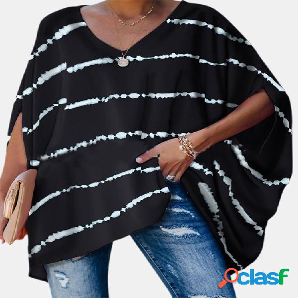 Blusa de manga curta estampa listrada Plus tamanho feminino