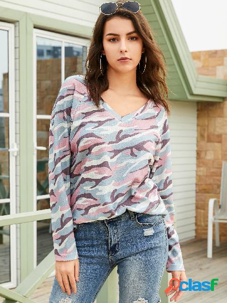 Blusa de mangas compridas com estampa camuflada Yoins Rosa