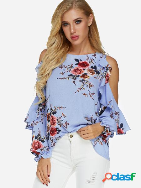 Blusa de mangas compridas com estampa floral azul aleatória