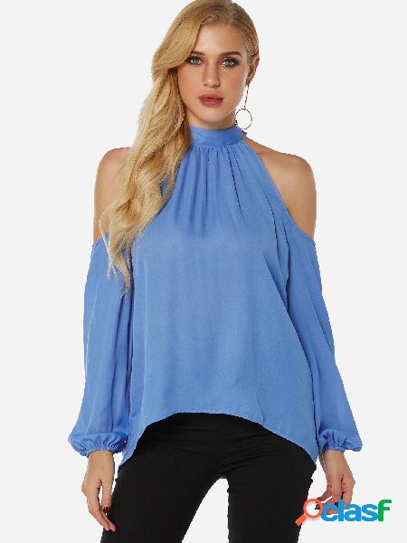 Blusa de mangas compridas de lanterna com cabresto azul