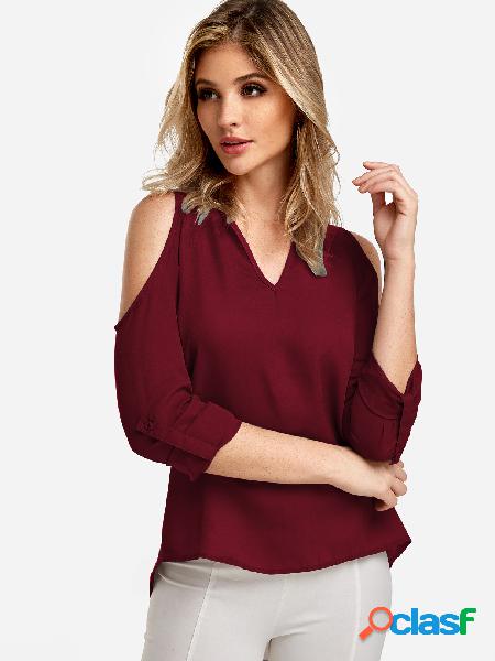 Blusa de mangas compridas de ombro vermelho frio com alças