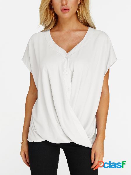 Blusa de mangas curtas com decote em V branco cruzado